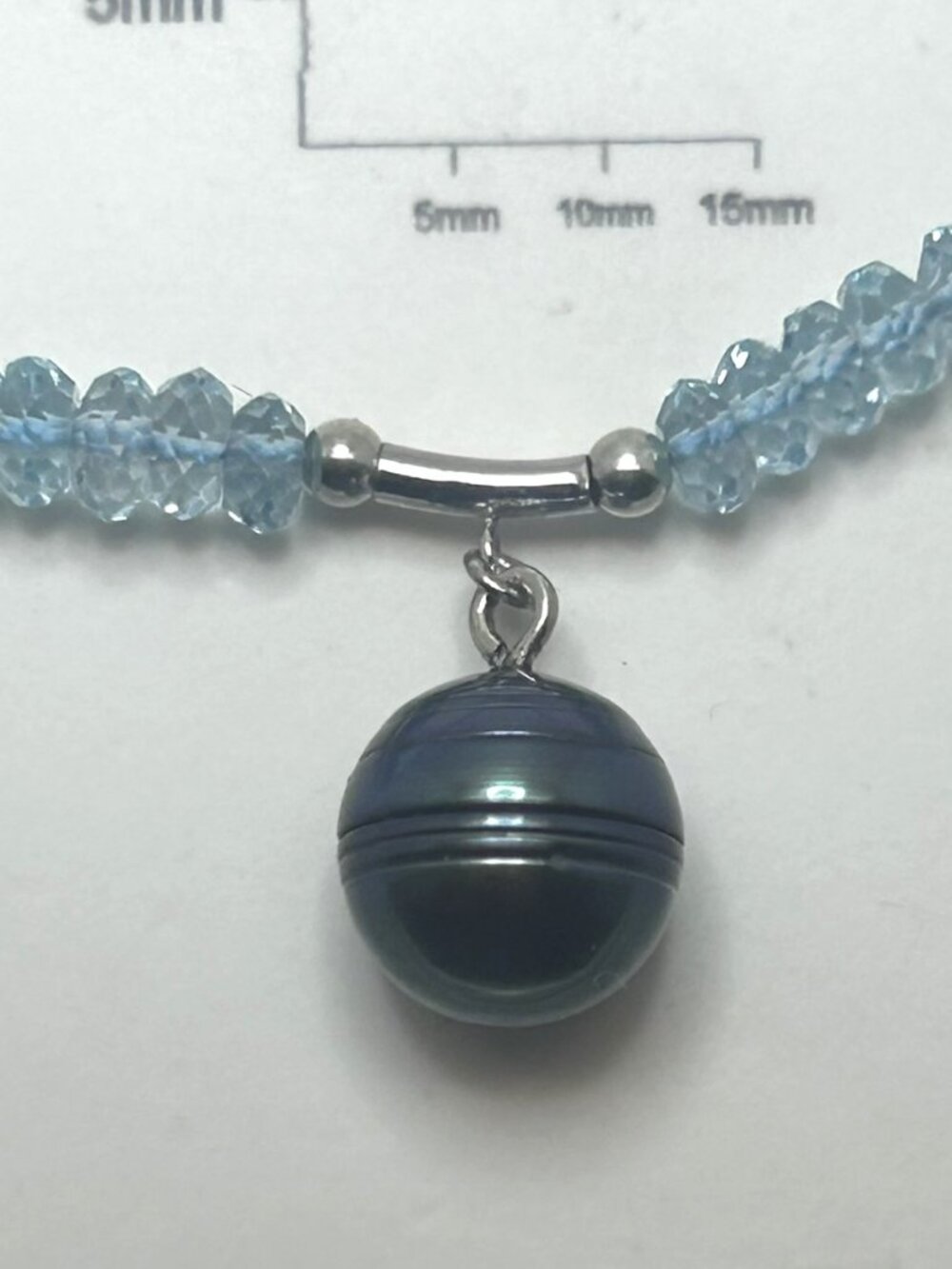 Natural Faceted Rondelle Blue Topaz Bead with Freshwater Pearl Silver Pendant.